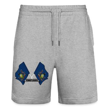 Two flags text PENNSYLVANIA - Stanley/Stella Trainer Unisex Organic Jogging Shorts - heather grey - Front - Nik (191cm) & Marisol (170cm)
