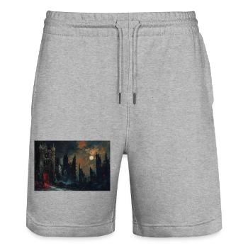 Poster Illustration Medieval Landscape in Ruins - Stanley/Stella Trainer Unisex Organic Jogging Shorts - heather grey - Front - Nik (191cm) & Marisol (170cm)
