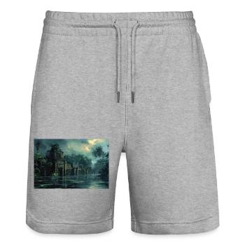 Poster Illustration Ruined jungle landscape - Stanley/Stella Trainer Unisex Organic Jogging Shorts - heather grey - Front - Nik (191cm) & Marisol (170cm)