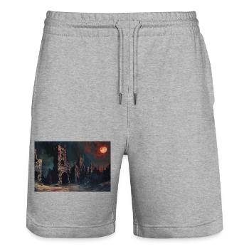 Poster Illustration Medieval Landscape in Ruins - Stanley/Stella Trainer Unisex Organic Jogging Shorts - heather grey - Front - Nik (191cm) & Marisol (170cm)