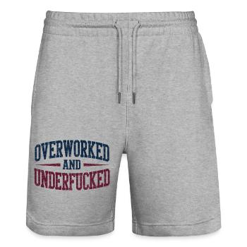 Overworked and Underfucked Vintage Retro Design - Stanley/Stella Trainer Unisex Organic Jogging Shorts - heather grey - Front - Nik (191cm) & Marisol (170cm)