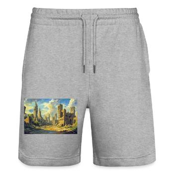 Poster Illustration Medieval Landscape in Ruins - Stanley/Stella Trainer Unisex Organic Jogging Shorts - heather grey - Front - Nik (191cm) & Marisol (170cm)