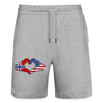 Norway USA Flag Hand Heart Shape Used - Stanley/Stella Trainer Unisex Organic Jogging Shorts - heather grey - Front - Nik (191cm) & Marisol (170cm)