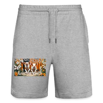 Two Pigs in Happiness Lucky Pig Couple - Stanley/Stella Trainer Unisex Organic Jogging Shorts - heather grey - Front - Nik (191cm) & Marisol (170cm)
