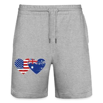 États-Unis, Australie, drapeau, forme de coeur utilisé - Short de jogging bio TRAINER Stanley/Stella unisexe - gris chiné - Devant - Nik (191cm) & Marisol (170cm)
