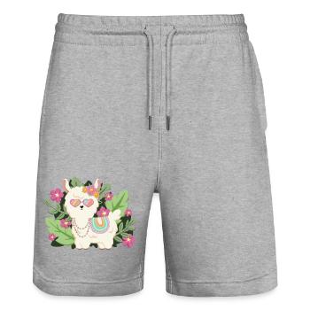 Llama with sunglasses with leaves and flowers - Stanley/Stella Trainer Unisex Organic Jogging Shorts - heather grey - Front - Nik (191cm) & Marisol (170cm)