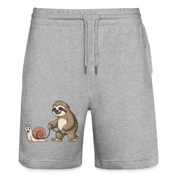 Sloth and snail - Stanley/Stella Trainer Unisex Organic Jogging Shorts - heather grey - Front - Nik (191cm) & Marisol (170cm)