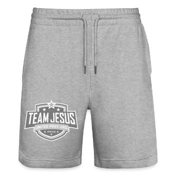 TEAM JESUS UNITED PRAY-ERS gris blanc Chrétien - Short de jogging bio TRAINER Stanley/Stella unisexe - gris chiné - Devant - Nik (191cm) & Marisol (170cm)