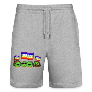 Peas & Love, Lustiges Hippie Erbsen Wortspiel - Stanley/Stella Unisex Bio Joggingshorts Trainer  - Grau meliert - Vorne - Nik (191cm) & Marisol (170cm)
