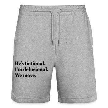 He’s Fictional. – BookTok Meme Design - Stanley/Stella Unisex Bio Joggingshorts Trainer  - Grau meliert - Vorne - Nik (191cm) & Marisol (170cm)