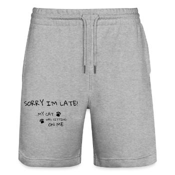 Sorry I’m Late – Cat Humor Tee - Stanley/Stella Trainer Unisex Organic Jogging Shorts - heather grey - Front - Nik (191cm) & Marisol (170cm)
