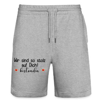 STOLZ ABSCHLUSS BESTANDEN SPRÜCHE - Stanley/Stella Unisex Bio Joggingshorts Trainer  - Grau meliert - Vorne - Nik (191cm) & Marisol (170cm)