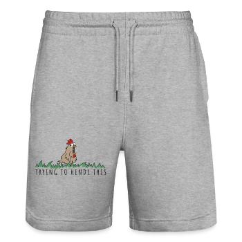 trying to hendl this Spruch Huhn Henne Hahn - Stanley/Stella Unisex Bio Joggingshorts Trainer  - Grau meliert - Vorne - Nik (191cm) & Marisol (170cm)