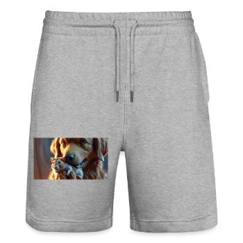Chien détendu avec amitié hamster - Short de jogging bio TRAINER Stanley/Stella unisexe - gris chiné - Devant - Nik (191cm) & Marisol (170cm)