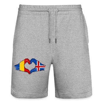 Romania Iceland flag hands heart shape used - Stanley/Stella Trainer Unisex Organic Jogging Shorts - heather grey - Front - Nik (191cm) & Marisol (170cm)