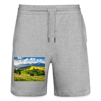 Bucolic landscape of mountains and meadows - Stanley/Stella Trainer Unisex Organic Jogging Shorts - heather grey - Front - Nik (191cm) & Marisol (170cm)