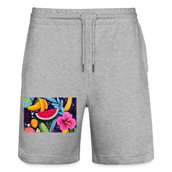 Bunte tropische Früchte - Stanley/Stella Unisex Bio Joggingshorts Trainer  - Grau meliert - Vorne - Nik (191cm) & Marisol (170cm)