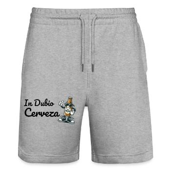 Humorous beer design with character - Stanley/Stella Trainer Unisex Organic Jogging Shorts - heather grey - Front - Nik (191cm) & Marisol (170cm)