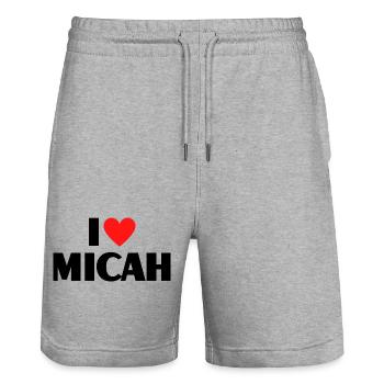 I love Micah Red Heart Love Fan Gift - Stanley/Stella Trainer Unisex Organic Jogging Shorts - heather grey - Front - Nik (191cm) & Marisol (170cm)