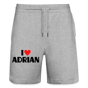 I love Adrian Red Heart Love Fan Gift - Stanley/Stella Trainer Unisex Organic Jogging Shorts - heather grey - Front - Nik (191cm) & Marisol (170cm)