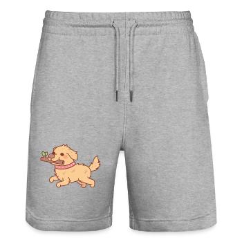 Niedlicher Golden Retriever Welpe läuft mit Stock - Stanley/Stella Unisex Bio Joggingshorts Trainer  - Grau meliert - Vorne - Nik (191cm) & Marisol (170cm)