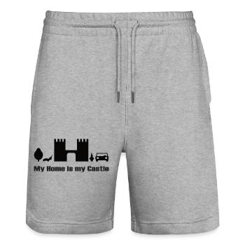 my home is my castle Design, black - Stanley/Stella Trainer Unisex Organic Jogging Shorts - heather grey - Front - Nik (191cm) & Marisol (170cm)