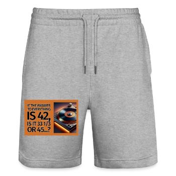 42 is the answer - Stanley/Stella Trainer Unisex Organic Jogging Shorts - heather grey - Front - Nik (191cm) & Marisol (170cm)
