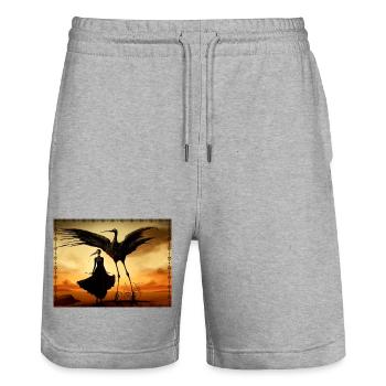 Mystical desert fantasy woman with winged creature - Stanley/Stella Trainer Unisex Organic Jogging Shorts - heather grey - Front - Nik (191cm) & Marisol (170cm)