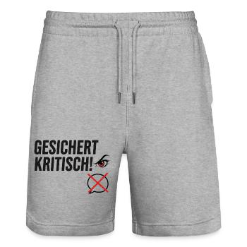 Gesichert Kritisch! Spruch Augen Design - Stanley/Stella Unisex Bio Joggingshorts Trainer  - Grau meliert - Vorne - Nik (191cm) & Marisol (170cm)