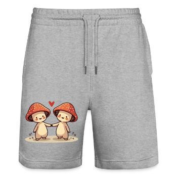 Couple de champignons avec un cœur - Champignons mignons - Short de jogging bio TRAINER Stanley/Stella unisexe - gris chiné - Devant - Nik (191cm) & Marisol (170cm)