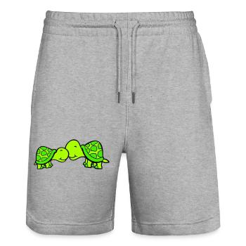 2 tortues se câlinant, un doux couple qui s'embrasse, une équipe amoureuse - Short de jogging bio TRAINER Stanley/Stella unisexe - gris chiné - Devant - Nik (191cm) & Marisol (170cm)