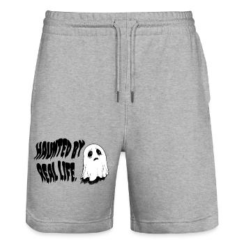 Haunted by Real Life | Sad Ghost Design - Stanley/Stella Trainer Unisex Organic Jogging Shorts - heather grey - Front - Nik (191cm) & Marisol (170cm)