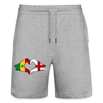 Senegal England flag hands heart shape used - Stanley/Stella Trainer Unisex Organic Jogging Shorts - heather grey - Front - Nik (191cm) & Marisol (170cm)