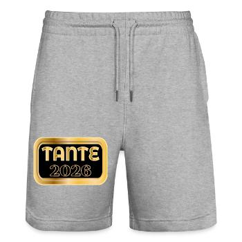 ANNONCE DU BÉBÉ D’AOÛT 2026 - Short de jogging bio TRAINER Stanley/Stella unisexe - gris chiné - Devant - Nik (191cm) & Marisol (170cm)
