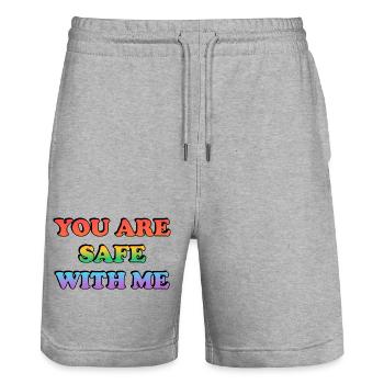 Du bist bei mir sicher Regenbogentext LGBT Safe Space - Stanley/Stella Unisex Bio Joggingshorts Trainer  - Grau meliert - Vorne - Nik (191cm) & Marisol (170cm)