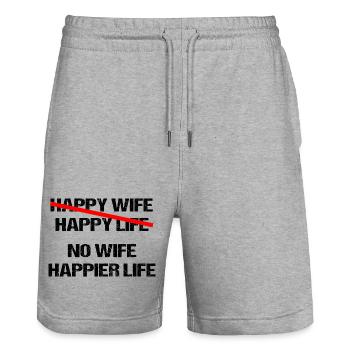 No Wife happier life – Funny Slogan Shirt - Stanley/Stella Trainer Unisex Organic Jogging Shorts - heather grey - Front - Nik (191cm) & Marisol (170cm)