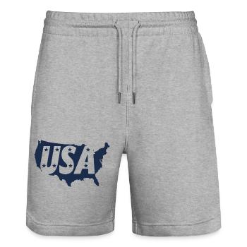 United States Map with Stars - Stanley/Stella Trainer Unisex Organic Jogging Shorts - heather grey - Front - Nik (191cm) & Marisol (170cm)