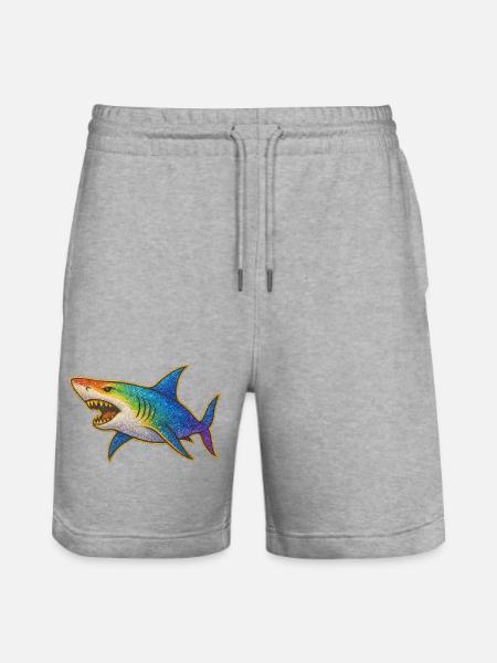 Rainbow Glitter Shark Motif - Stanley/Stella Trainer Unisex Organic Jogging Shorts - heather grey