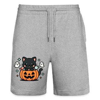 Chaton kawaii dans citrouille Halloween - Short de jogging bio TRAINER Stanley/Stella unisexe - gris chiné - Devant - Nik (191cm) & Marisol (170cm)