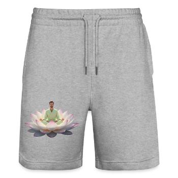 Man meditating on open lotus flower - Stanley/Stella Trainer Unisex Organic Jogging Shorts - heather grey - Front - Nik (191cm) & Marisol (170cm)
