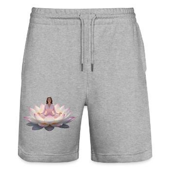 Woman meditating on open lotus flower - Stanley/Stella Trainer Unisex Organic Jogging Shorts - heather grey - Front - Nik (191cm) & Marisol (170cm)