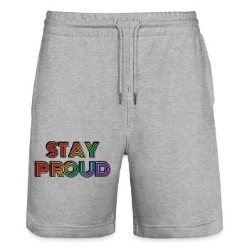 Stay Proud Rainbow Retro Type - Stanley/Stella Trainer Unisex Organic Jogging Shorts - heather grey - Front - Nik (191cm) & Marisol (170cm)