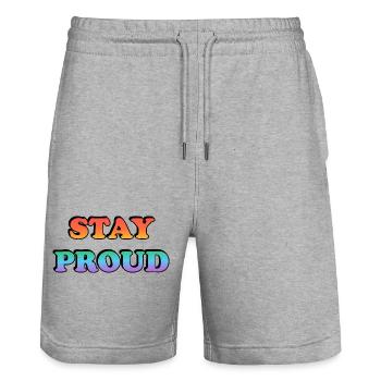 Stay Proud Rainbow Text - Stanley/Stella Trainer Unisex Organic Jogging Shorts - heather grey - Front - Nik (191cm) & Marisol (170cm)