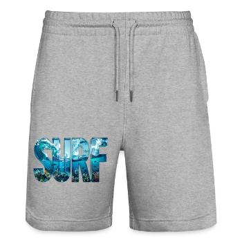 SURF – Lettres d’eau 3D avec des surfeurs et des poissons - Short de jogging bio TRAINER Stanley/Stella unisexe - gris chiné - Devant - Nik (191cm) & Marisol (170cm)