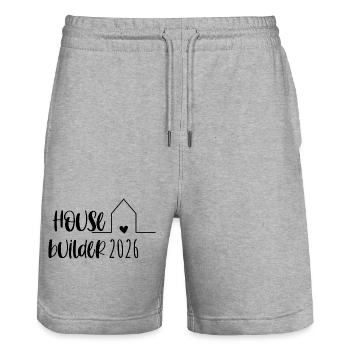 Constructeur de maisons 2026 Cadeau Maison de rêve - Short de jogging bio TRAINER Stanley/Stella unisexe - gris chiné - Devant - Nik (191cm) & Marisol (170cm)
