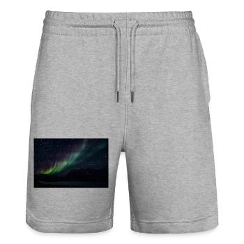 Northern Lights over Silent Mountain Lake with Triangle Pattern - Stanley/Stella Trainer Unisex Organic Jogging Shorts - heather grey - Front - Nik (191cm) & Marisol (170cm)