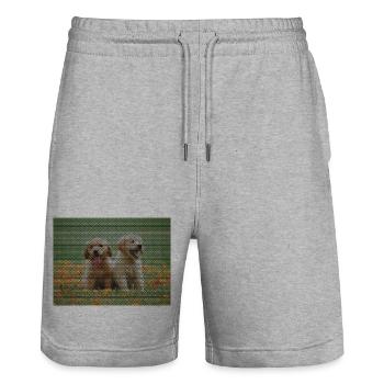Deux chiots Labrador Retriever avec motif triangulaire - Short de jogging bio TRAINER Stanley/Stella unisexe - gris chiné - Devant - Nik (191cm) & Marisol (170cm)