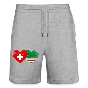 Suisse Tchétchénie Drapeau Coeur utilisé - Short de jogging bio TRAINER Stanley/Stella unisexe - gris chiné - Devant - Nik (191cm) & Marisol (170cm)