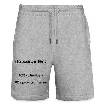 Unispruch "Hausarbeiten" Geschenk, Studenten - Stanley/Stella Unisex Bio Joggingshorts Trainer  - Grau meliert - Vorne - Nik (191cm) & Marisol (170cm)