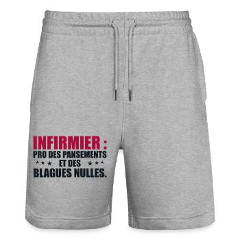 Infirmier pro des pansements et des blagues nulles - Short de jogging bio TRAINER Stanley/Stella unisexe - gris chiné - Devant - Nik (191cm) & Marisol (170cm)